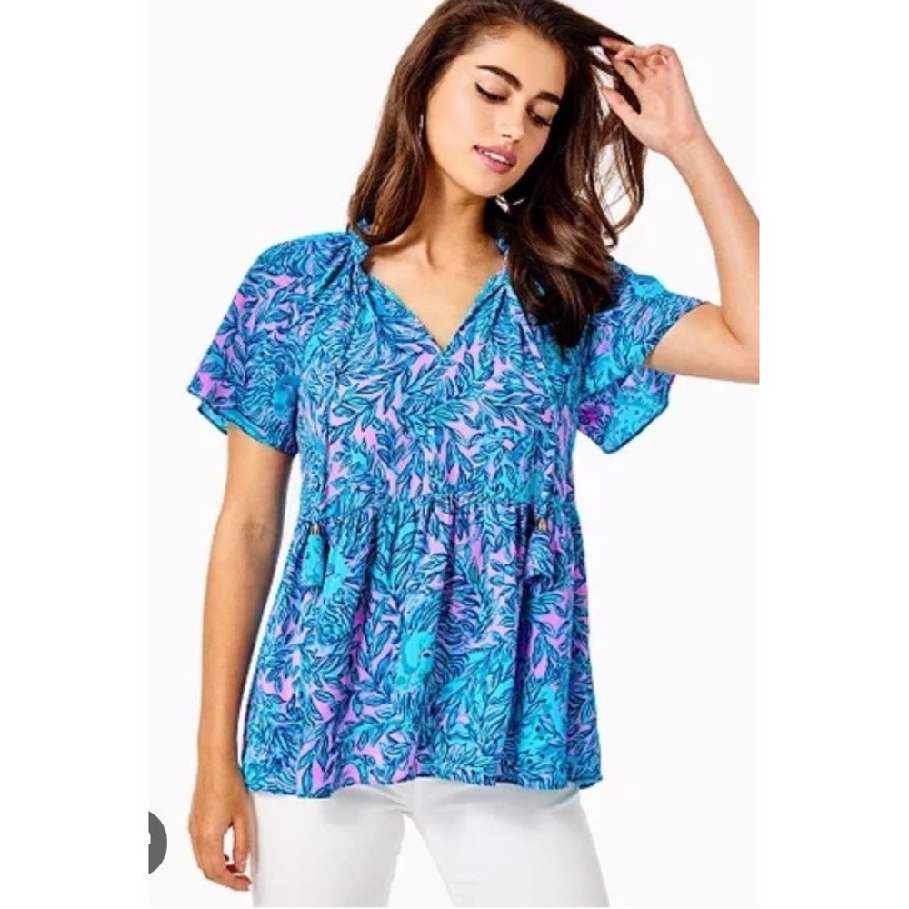 LILLY PULITZER Zadie Blouse Bermuda Blue You Grow Girl S Tiered Flutter Sleeve